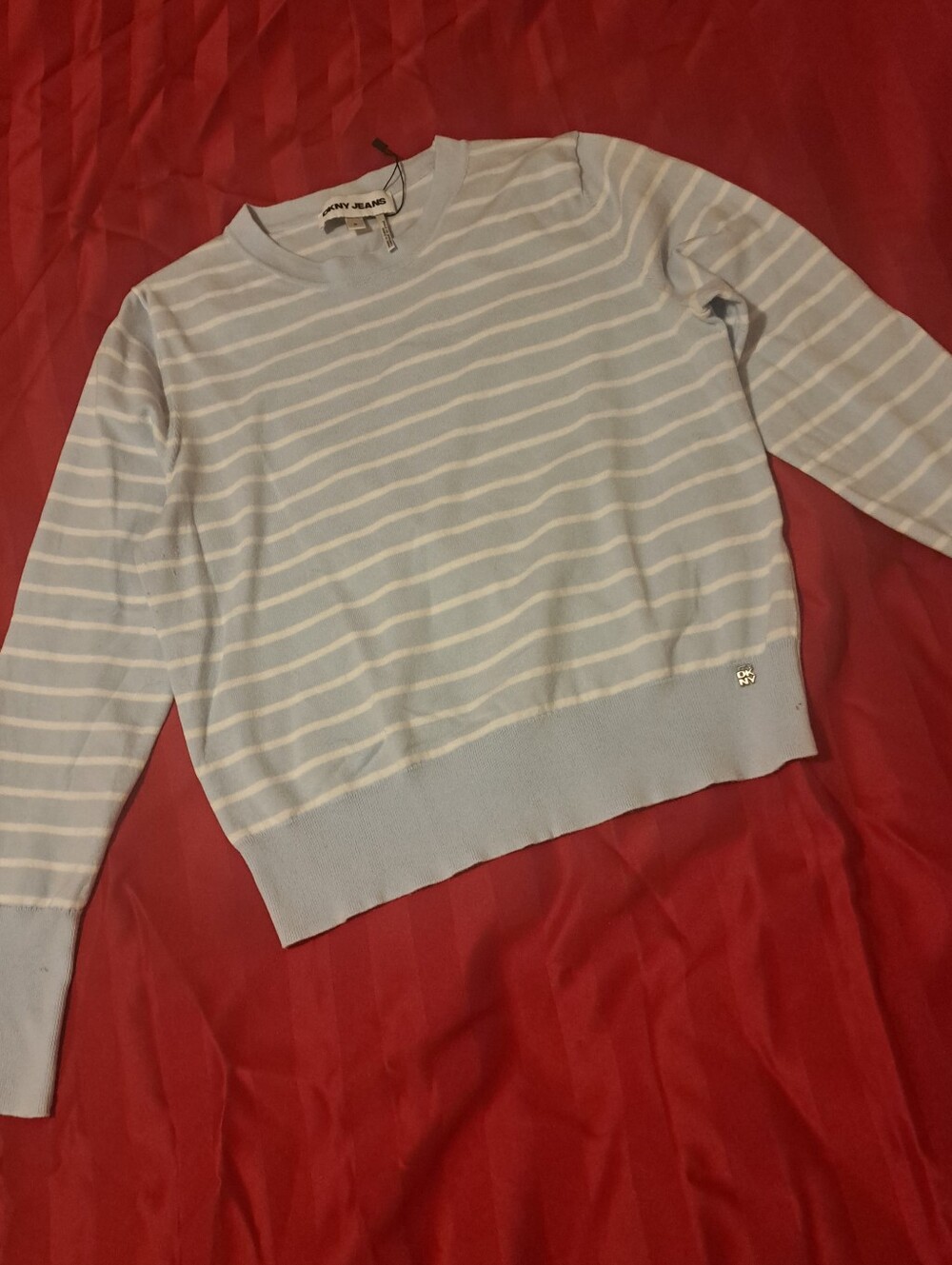 DKNY Light Blue and White Striped Crew Neck Sweater
